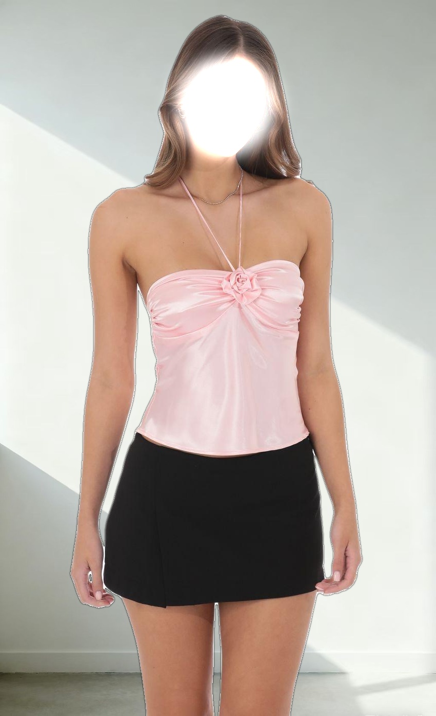 Satin Flower Halter Top in Pink