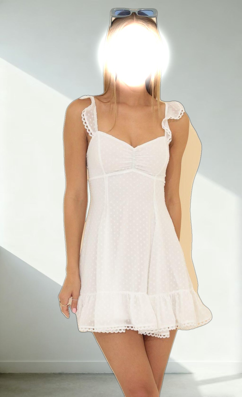 Dotted Chiffon A-Line Dress in White