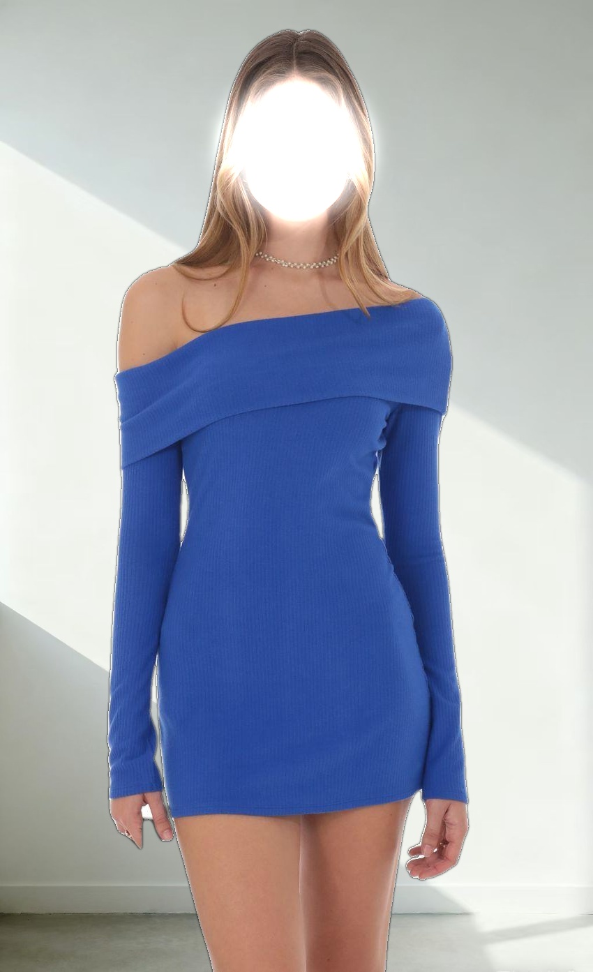 Ribbed Off Shoulder Dress in Blue
