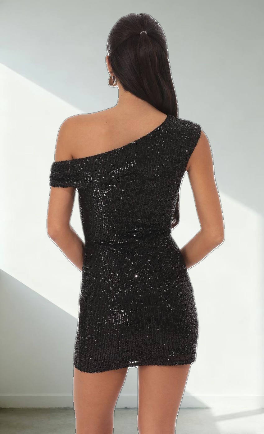 Off Shoulder Sequin Bodycon Dress in Black