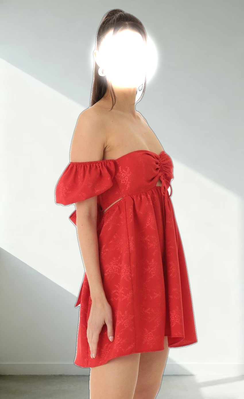 Jacquard Puff Sleeve Baby Doll Dress in Red