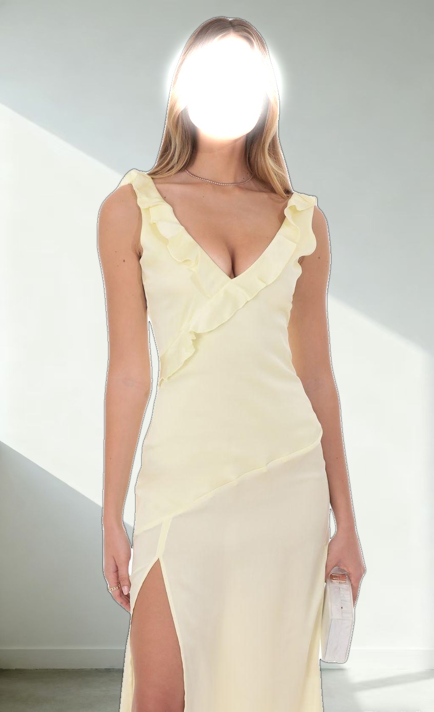 Satin V-Neck Open Back Maxi Dress in Pastel Yellow