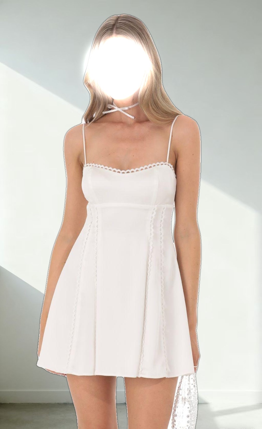 Embroidered Trim Satin Babydoll Dress in White