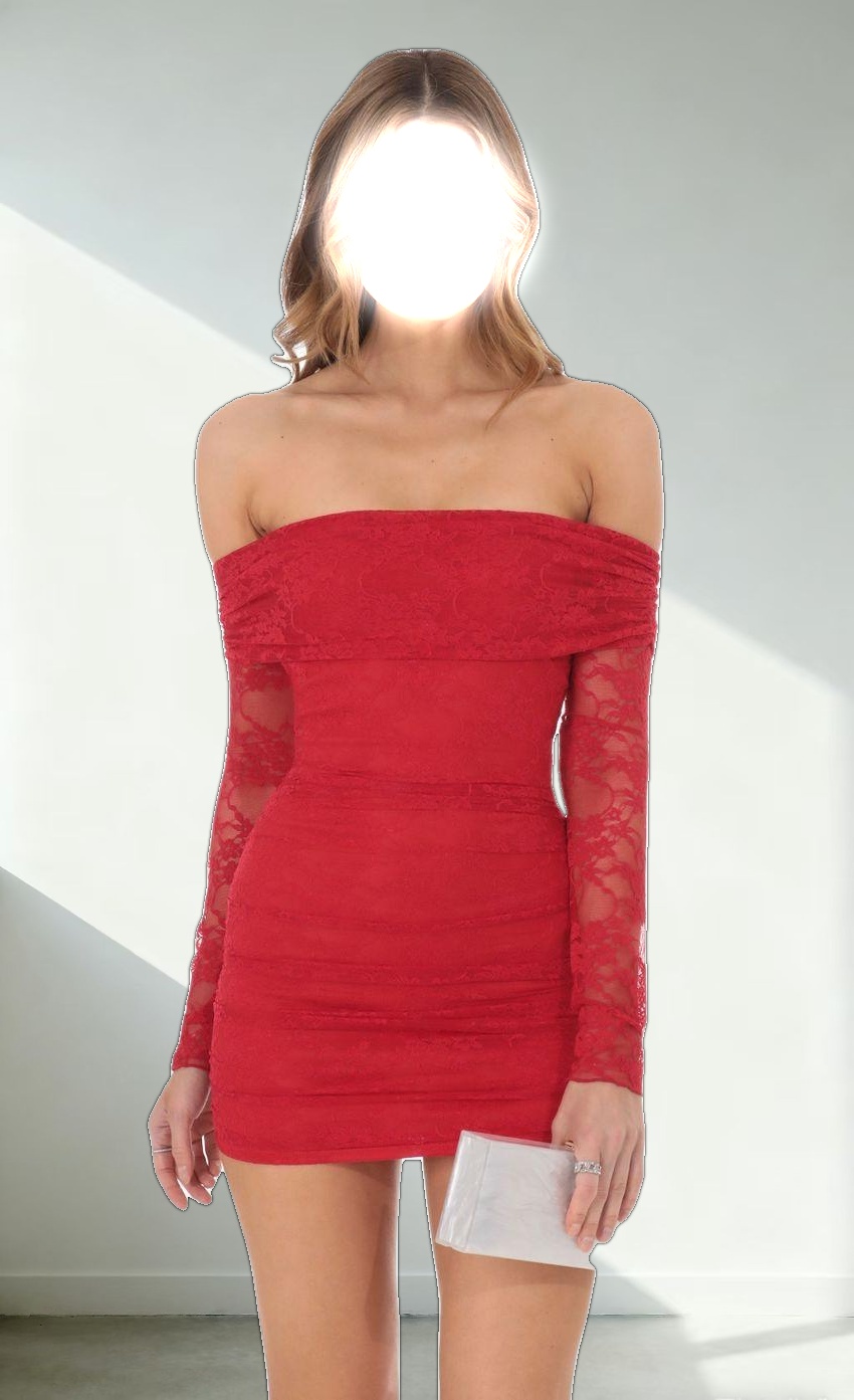 Off Shoulder Long Sleeve Lace Dress in Red