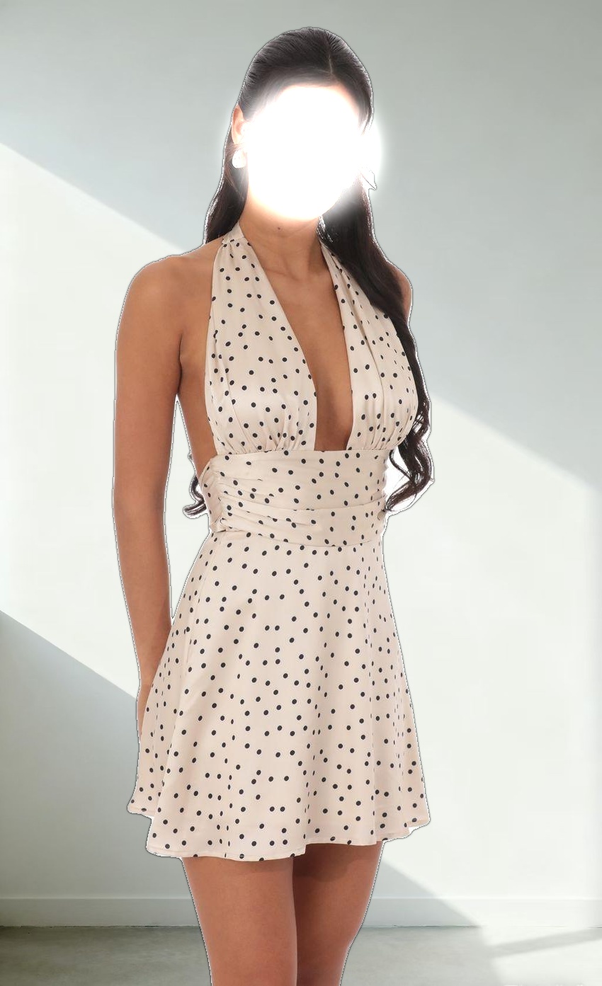 Satin Polka Dot Halter Dress in Beige