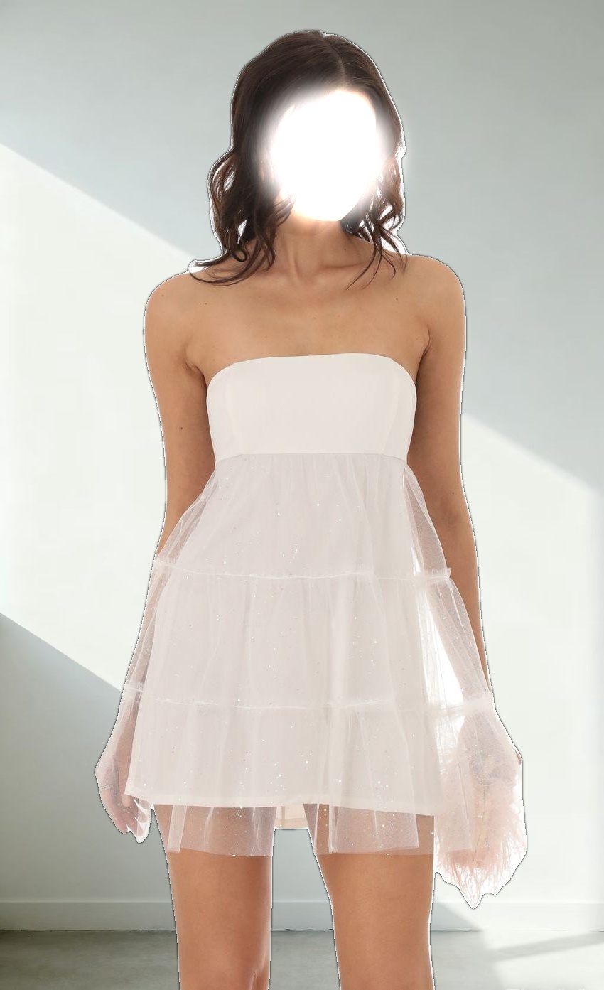 Tulle Shimmer Babydoll Dress in White