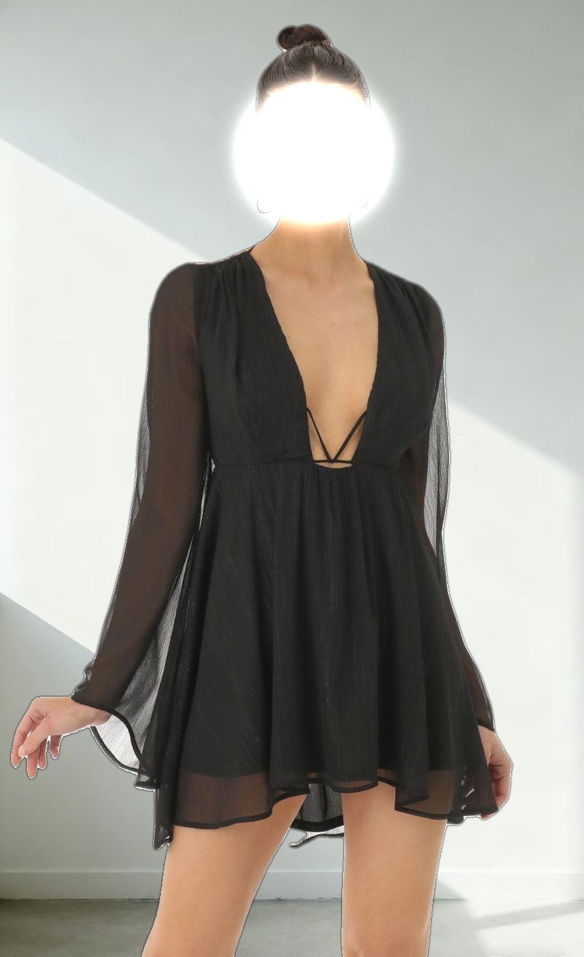 Chiffon Plunge Neck Dress in Black