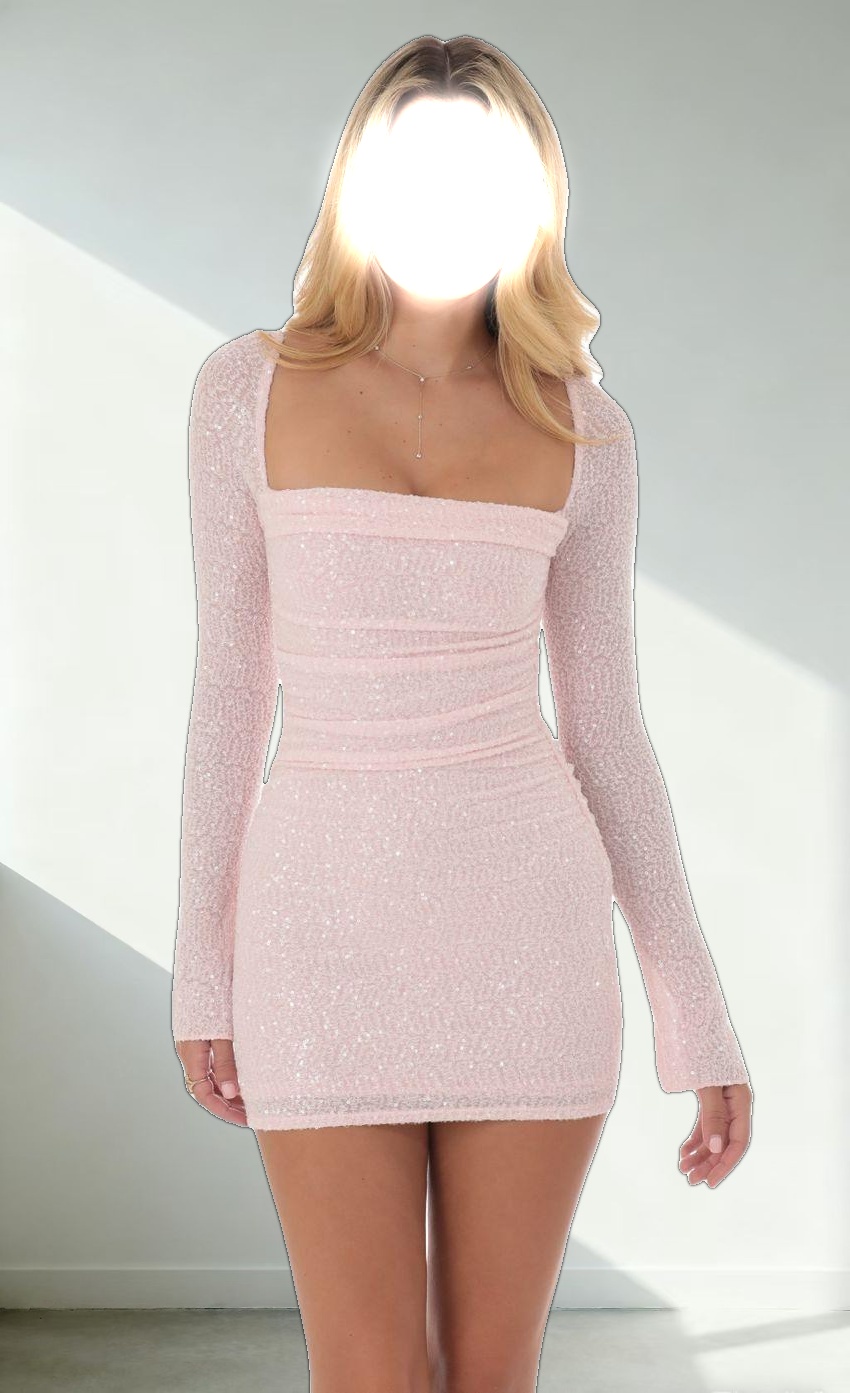 Knit Sequin Long Sleeve Dress in Pink