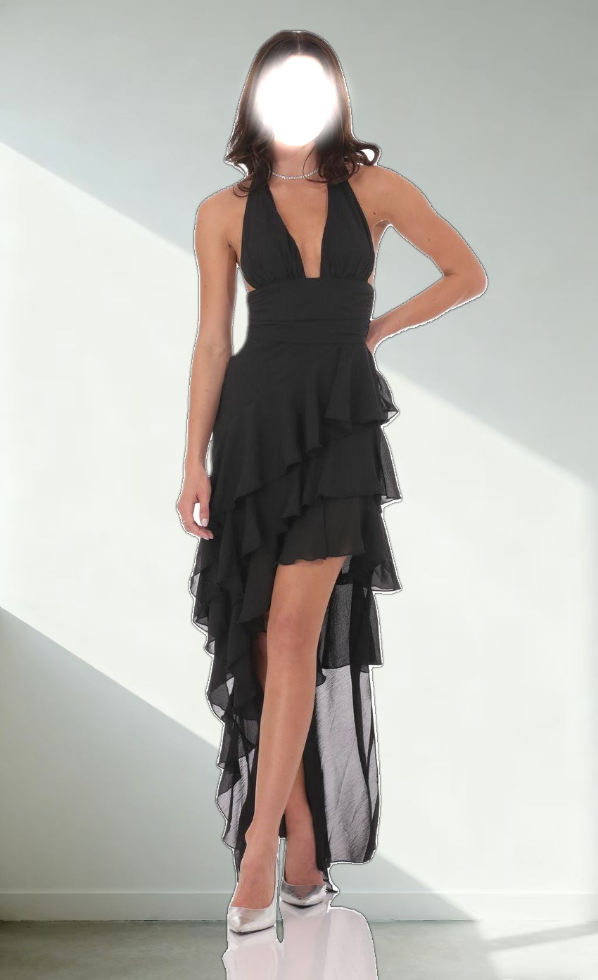 Asymmetrical Ruffle Maxi Dress in Black