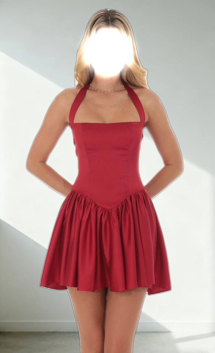 Satin Halter A-line Dress in Red