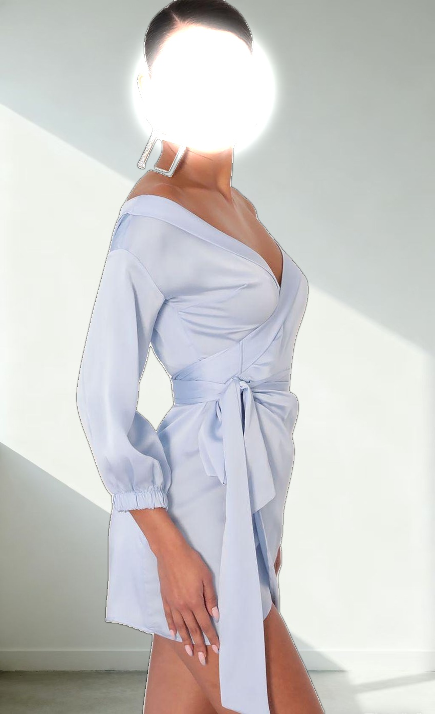 Lorella Off Shoulder Wrap Dress in Dusty Blue