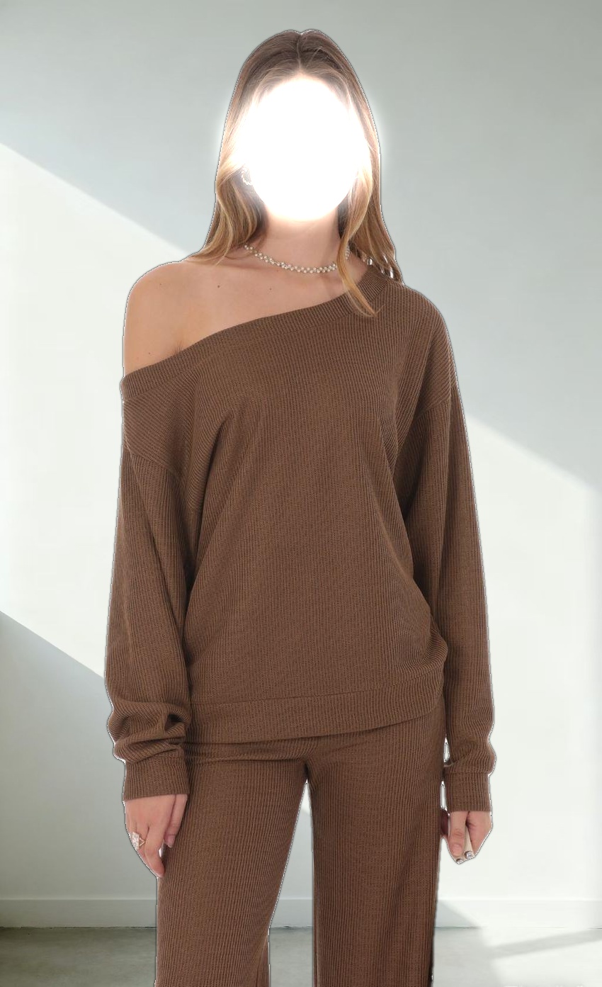 Off Shoulder Knit Oversized Jumper in Brown