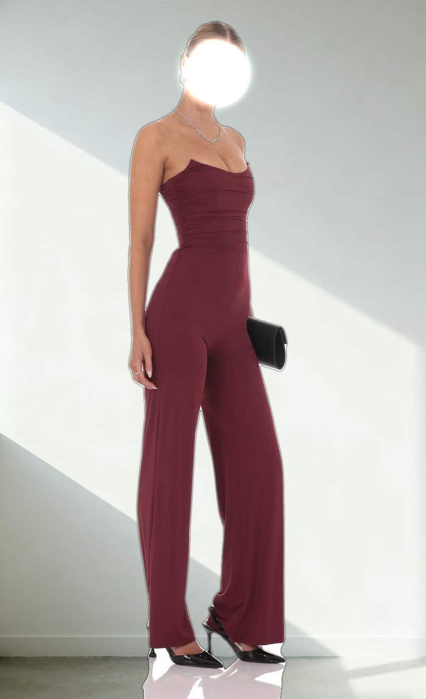Strapless Pointed Corset Jumpsuit in Burgundy