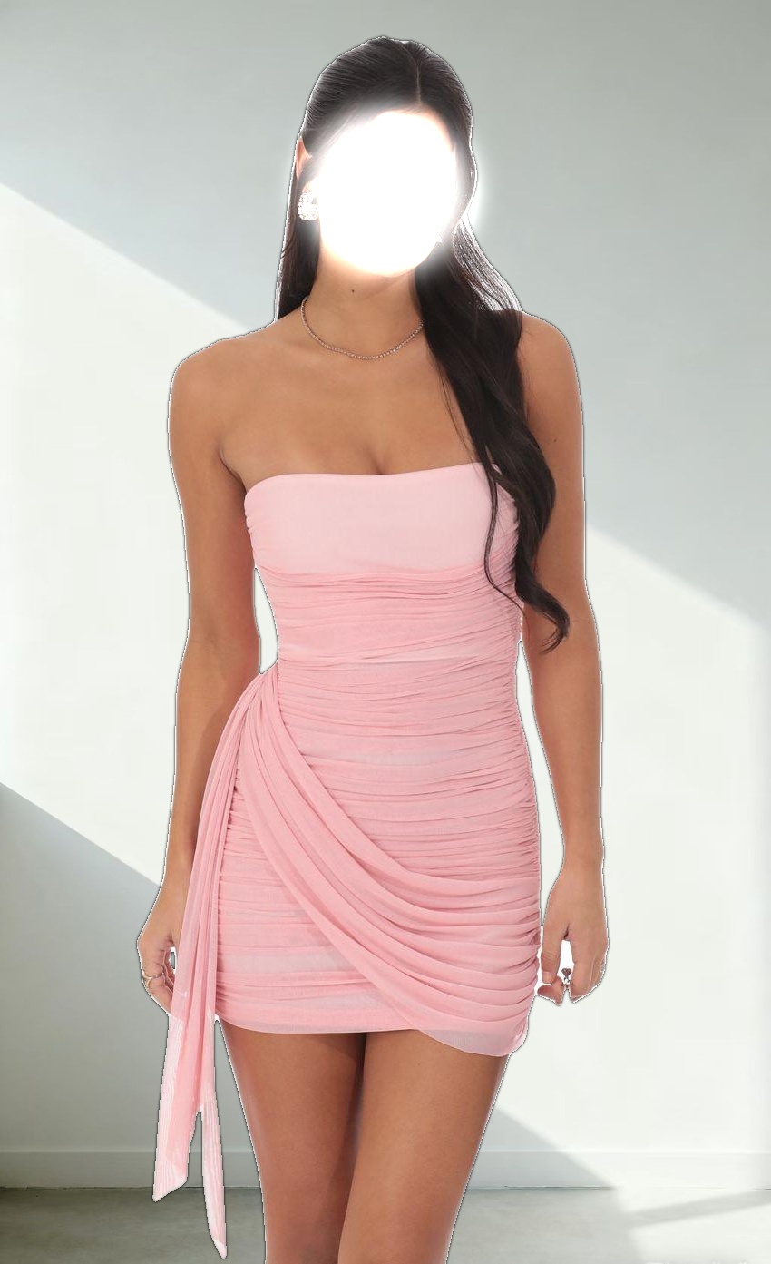 Mesh Draped Strapless Dress in Pink