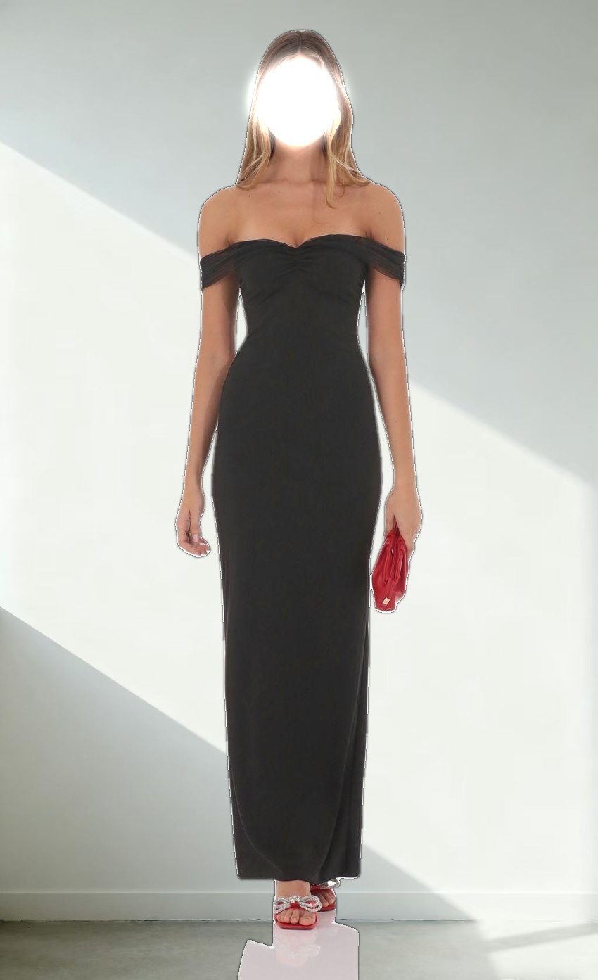 Tulle Off Shoulder Sleeve Maxi Dress in Black