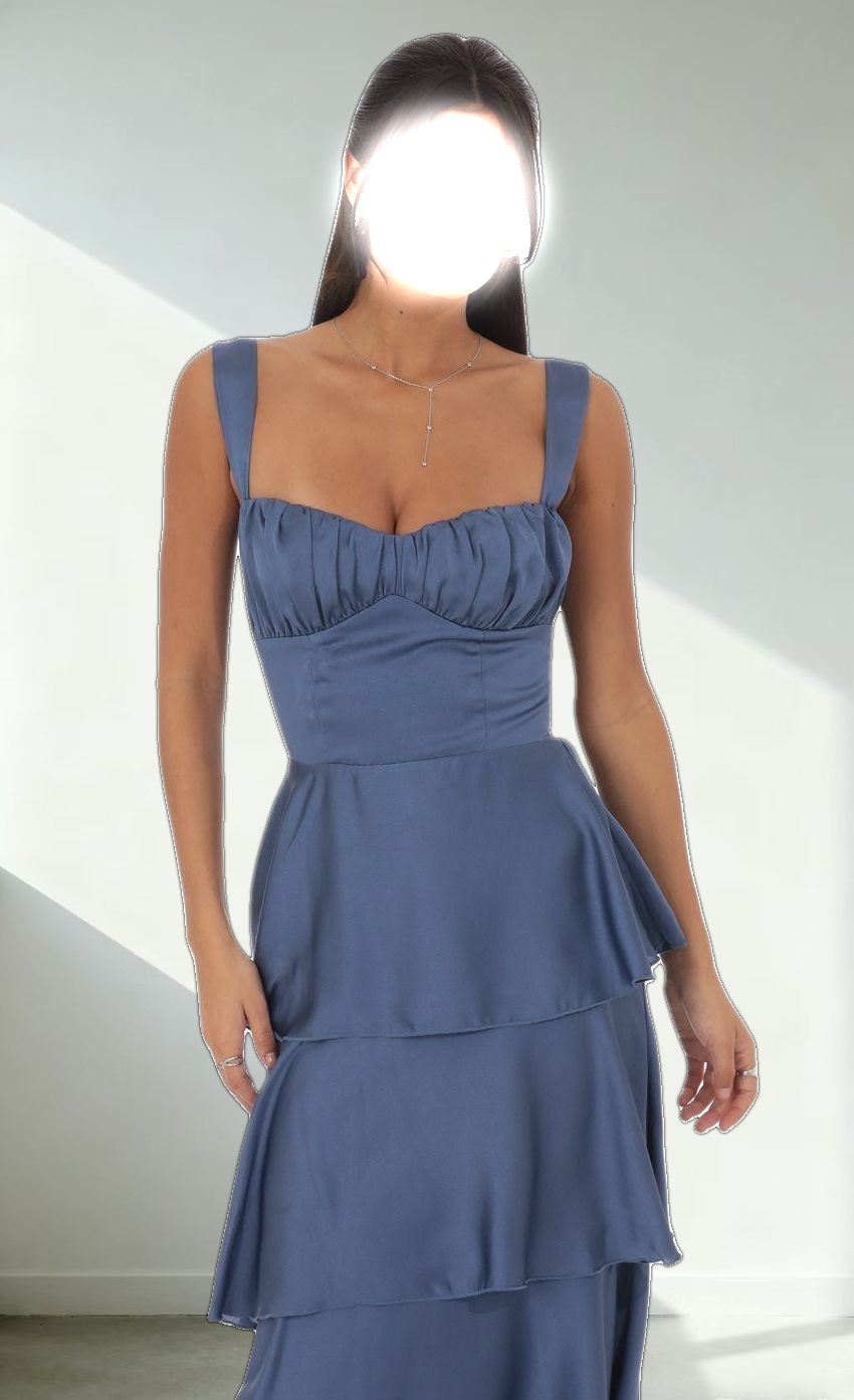 Satin Ruffle Maxi Dress in Slate Blue