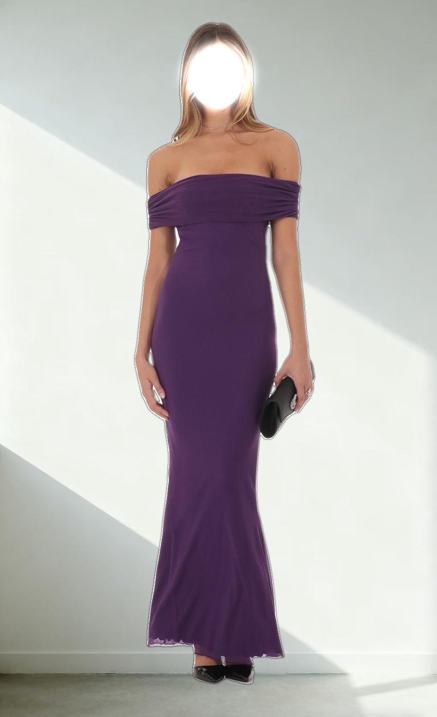 Mesh Off Shoulder Lace Maxi Dress in Purple