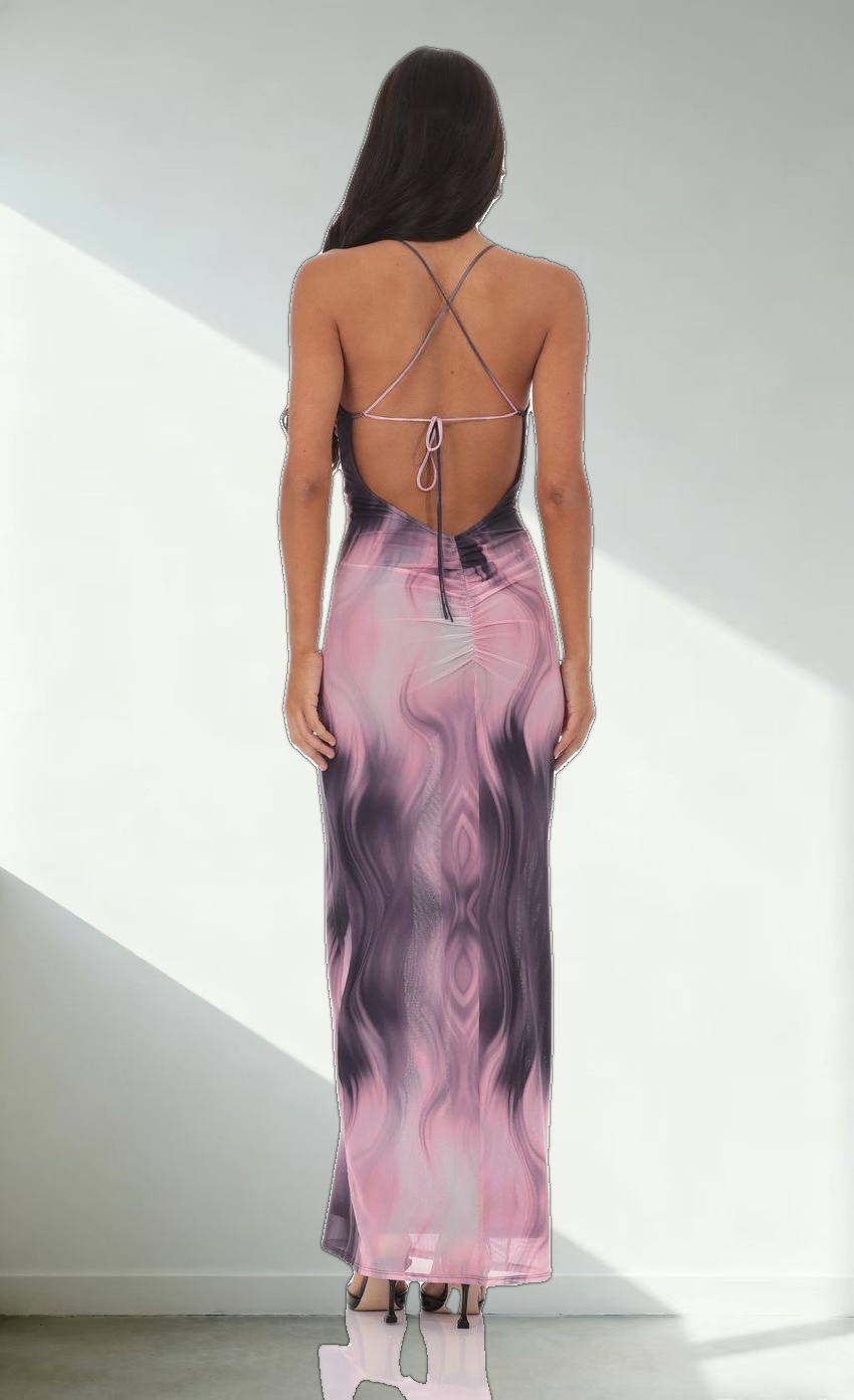 Mesh Print Bodycon Maxi Dress in Pink