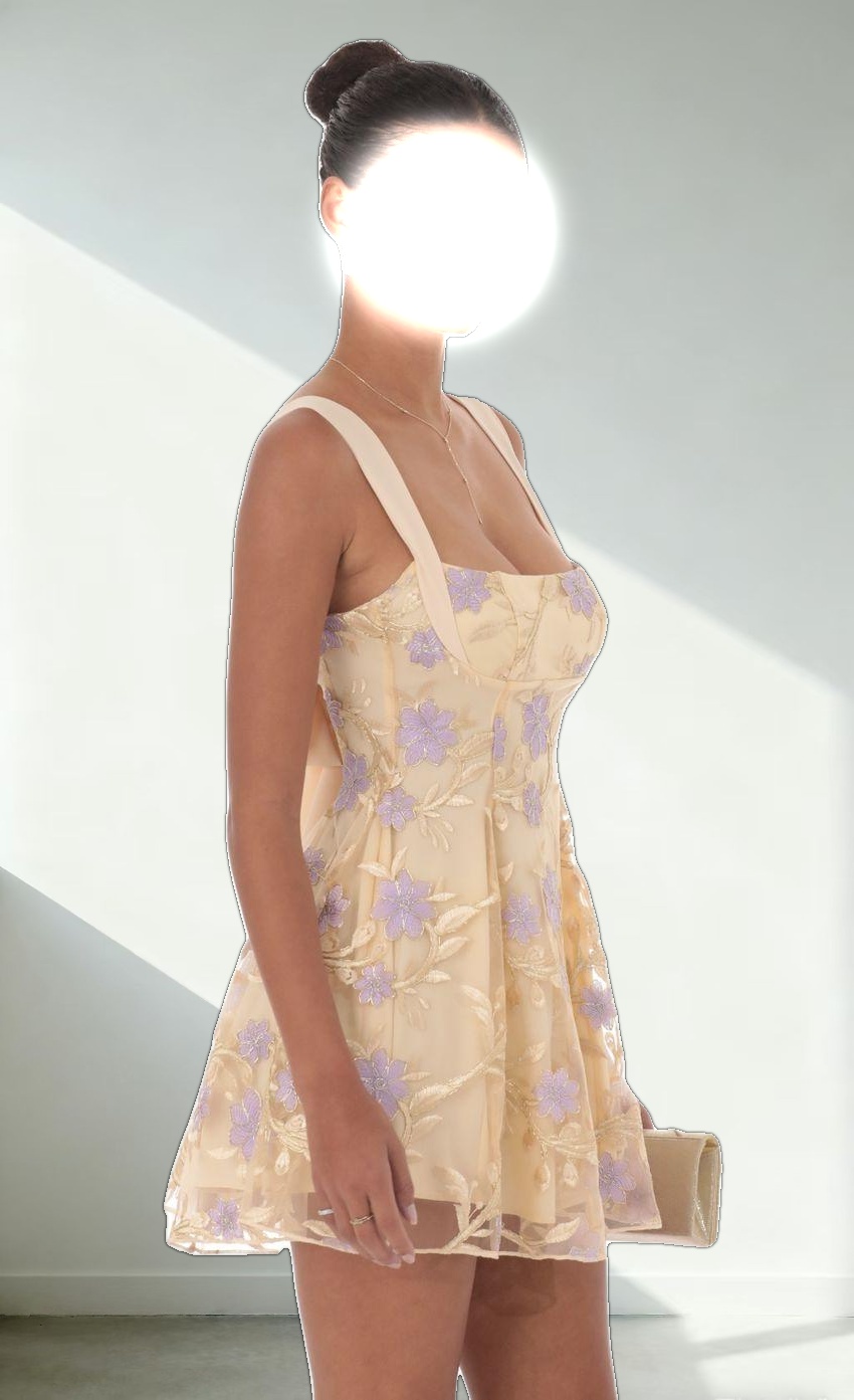 Embroidered Floral Fit and Flare Dress in Gold