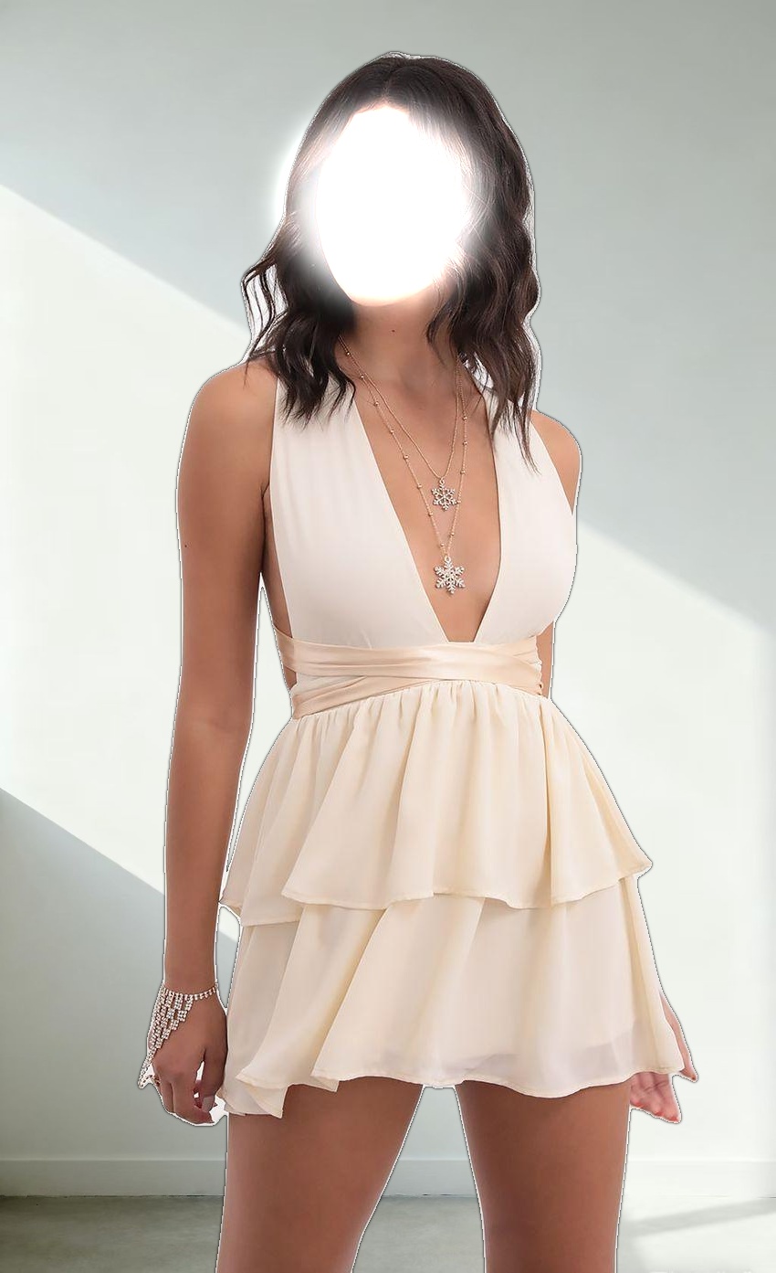 Plunge Neck Satin Ties Dress in Ivory