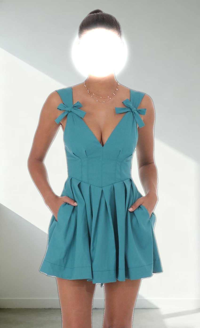 Double Bow A-Line Dress in Turquoise Blue