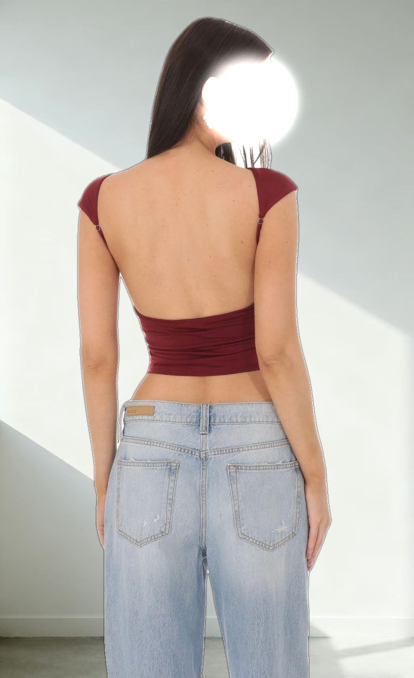 High Neck Open Back Top in Maroon