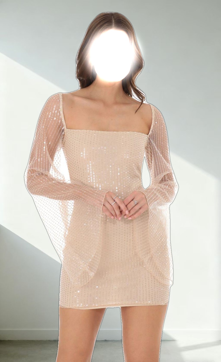 Tulle Sequin Flare Sleeve Dress in Champagne