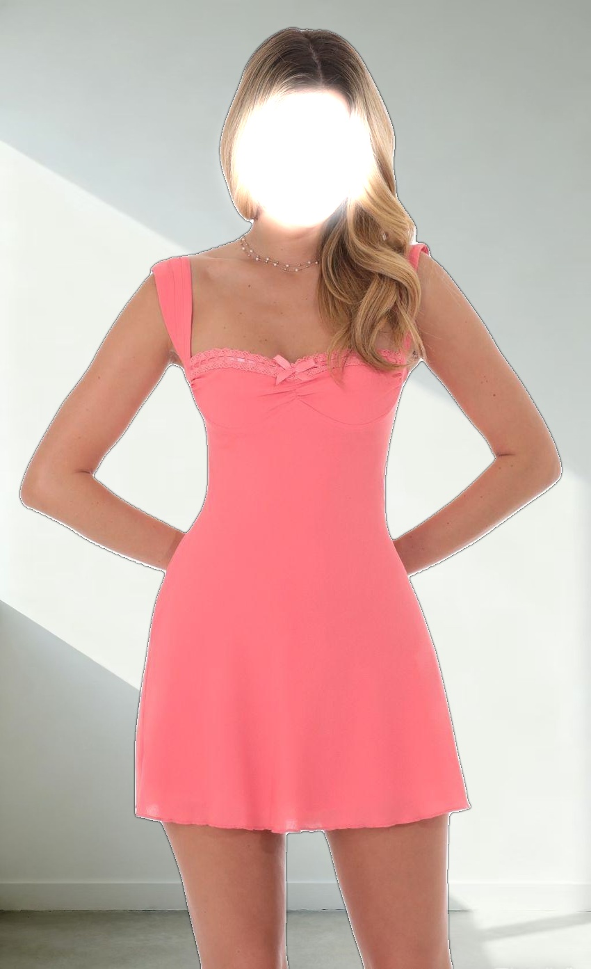 Lace Trim Wide Strap Dress in Coral