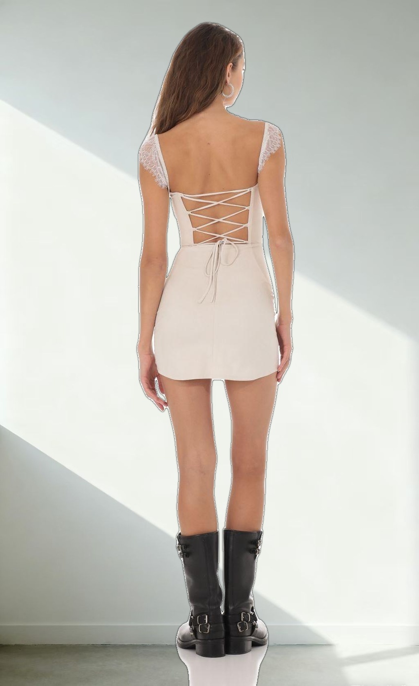 Suede Draped Lace Strap Dress in Cream