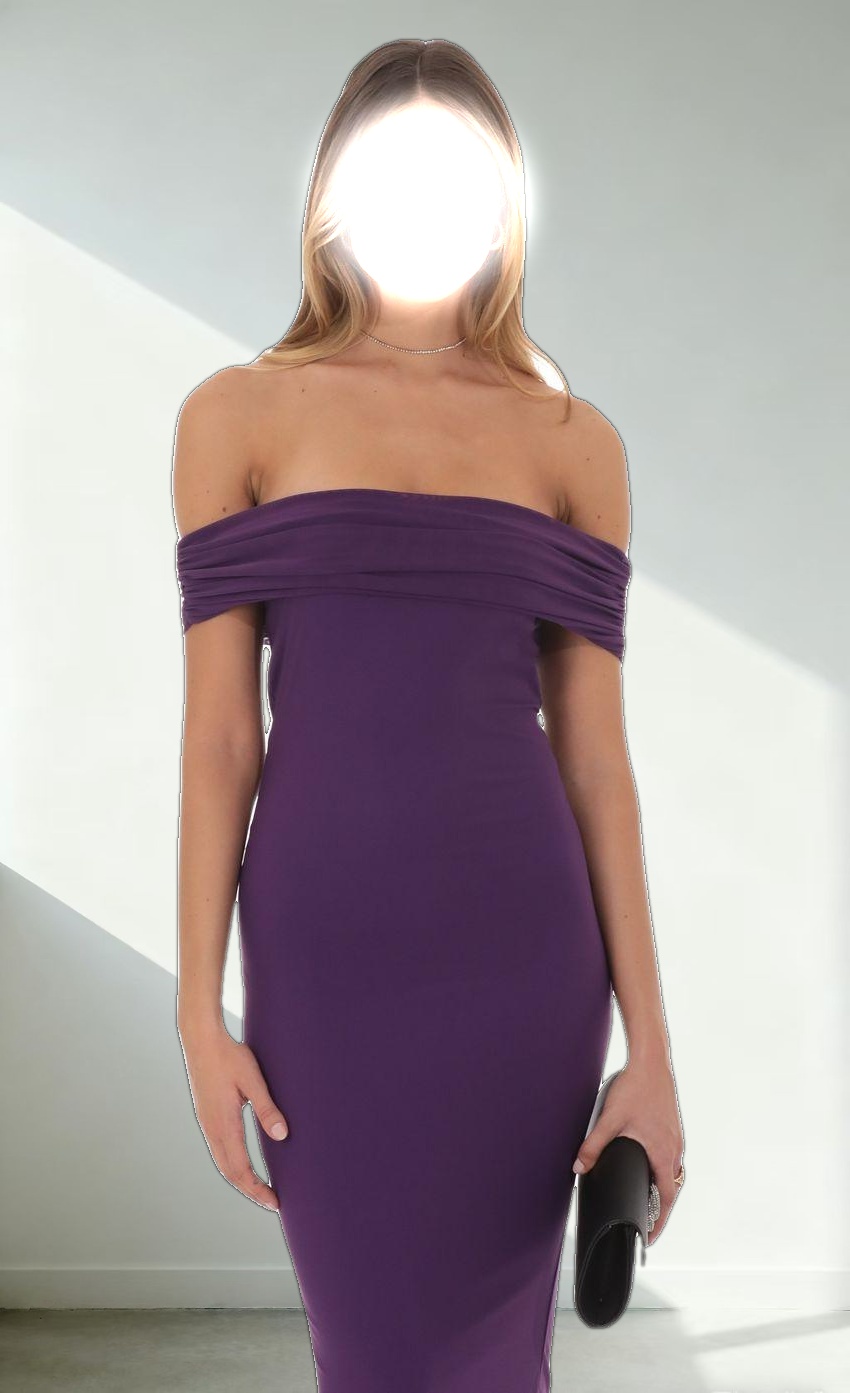 Mesh Off Shoulder Lace Maxi Dress in Purple