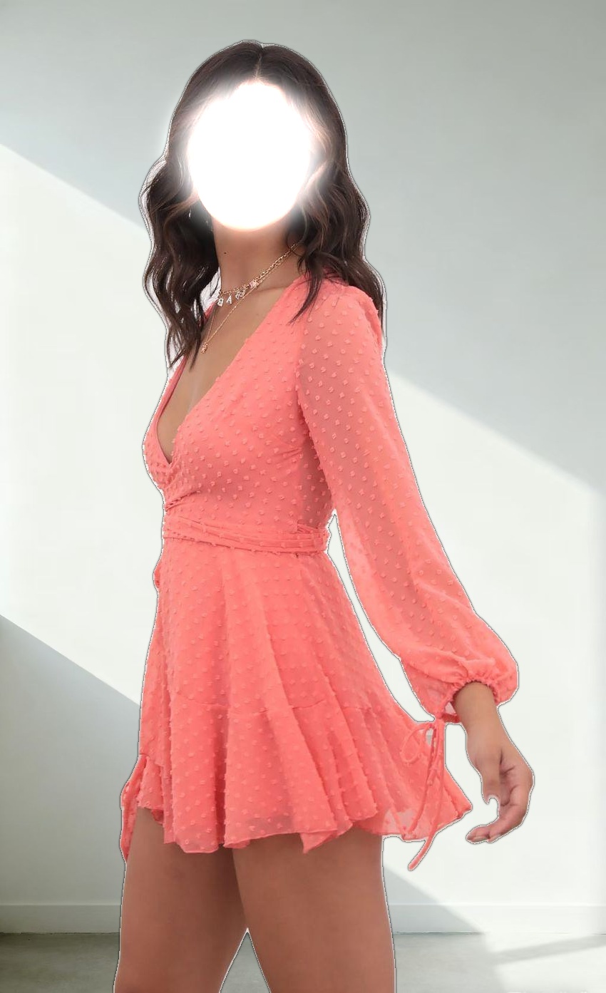 Dotted Long Sleeve Wrap Dress in Coral