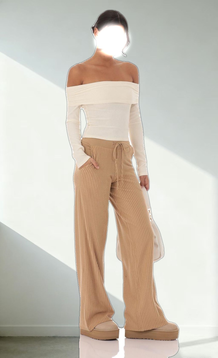 Soft Ribbed Straight Pants in Camel
