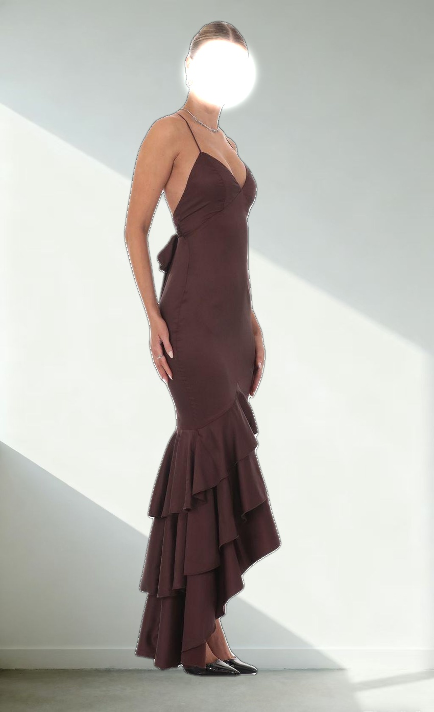 Satin Ruffle Fishtail Maxi Dress in Brown