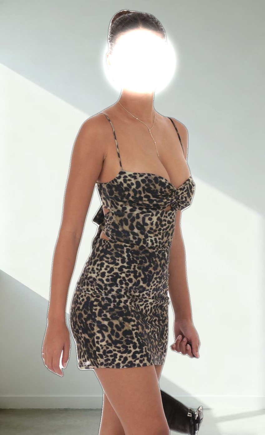 Mesh Front Twist Bodycon Dress in Cheetah Print