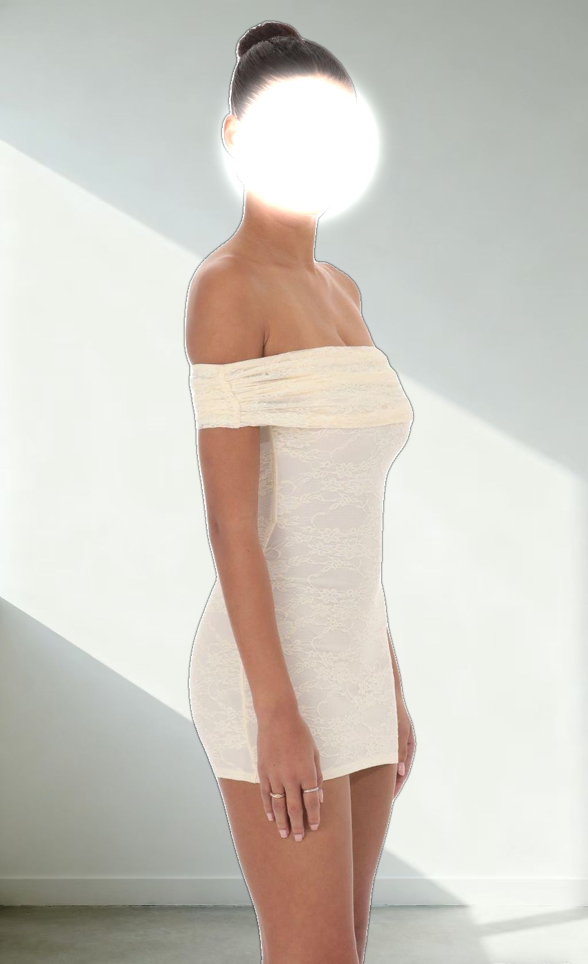 Off Shoulder Lace Bodycon Dress in Cream