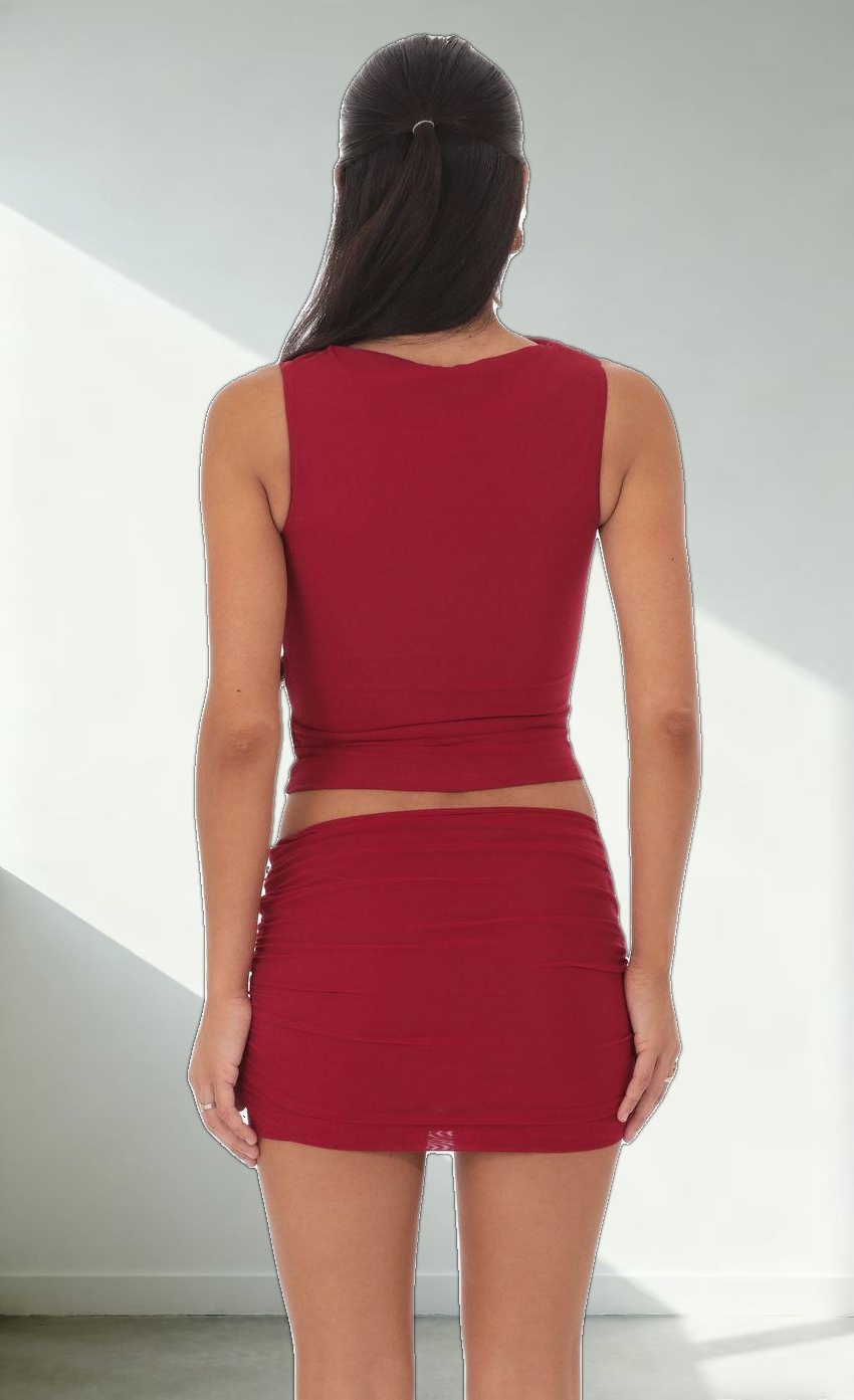 High Neck Mesh Two Piece Set in Red