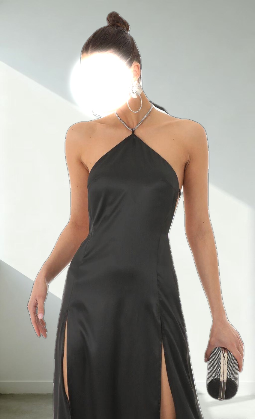 Rhinestone Halter Maxi Dress in Black