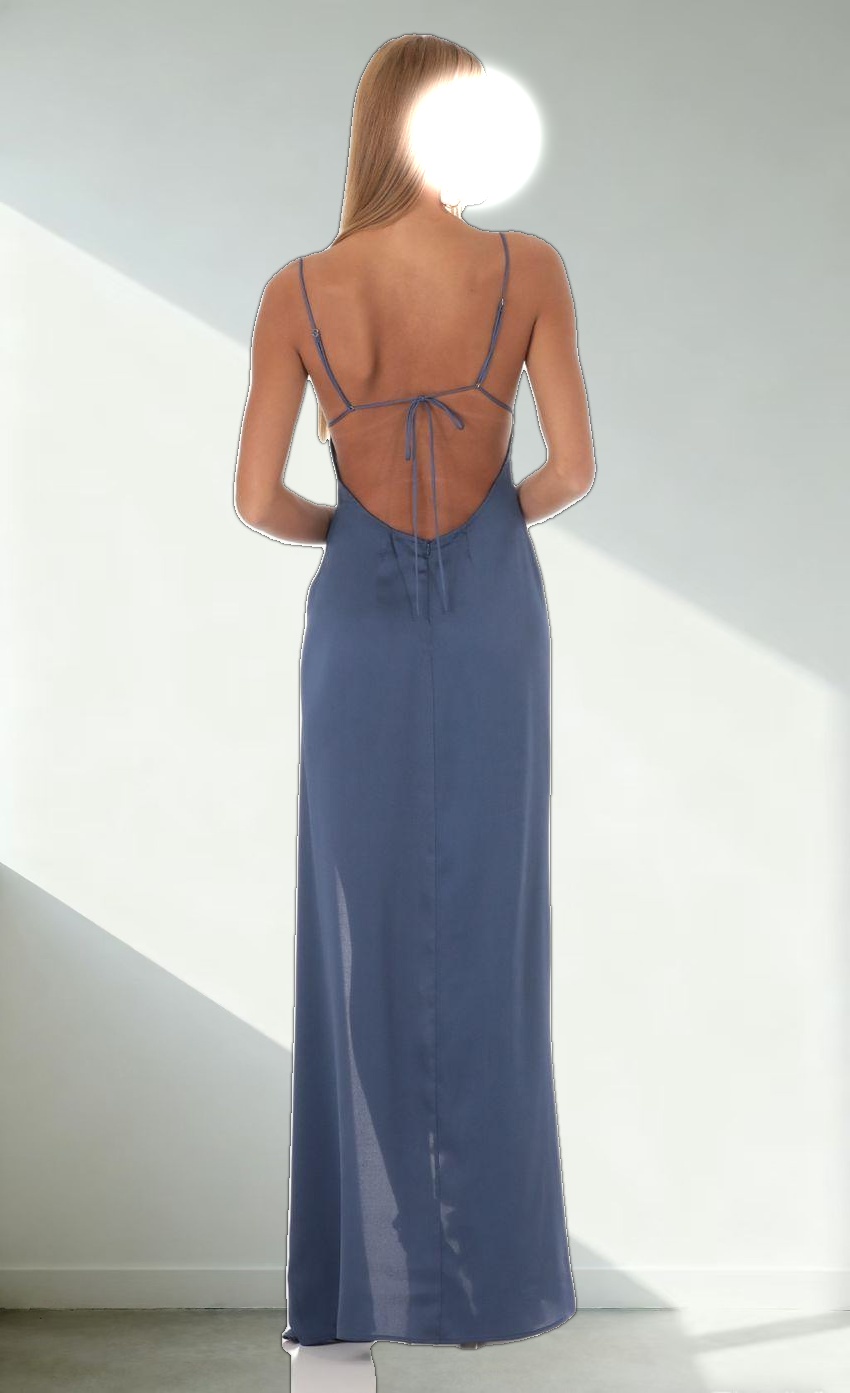Satin Ruffle Maxi Dress in Blue