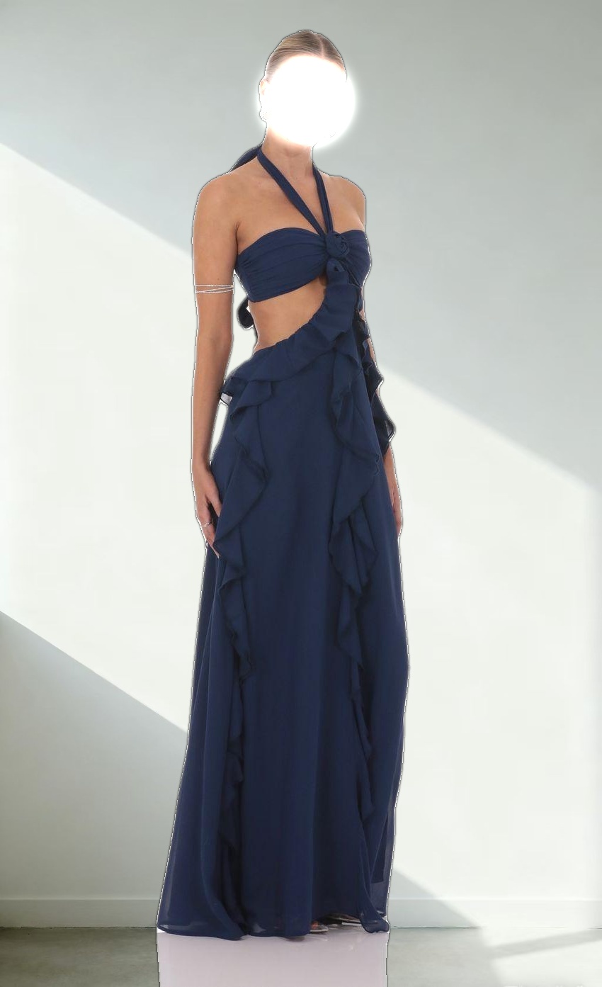 Chiffon Cutout Ruffle Maxi Dress in Navy