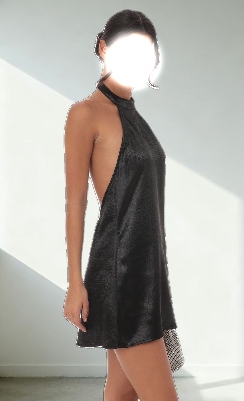 Satin Halter Shift Dress in Black