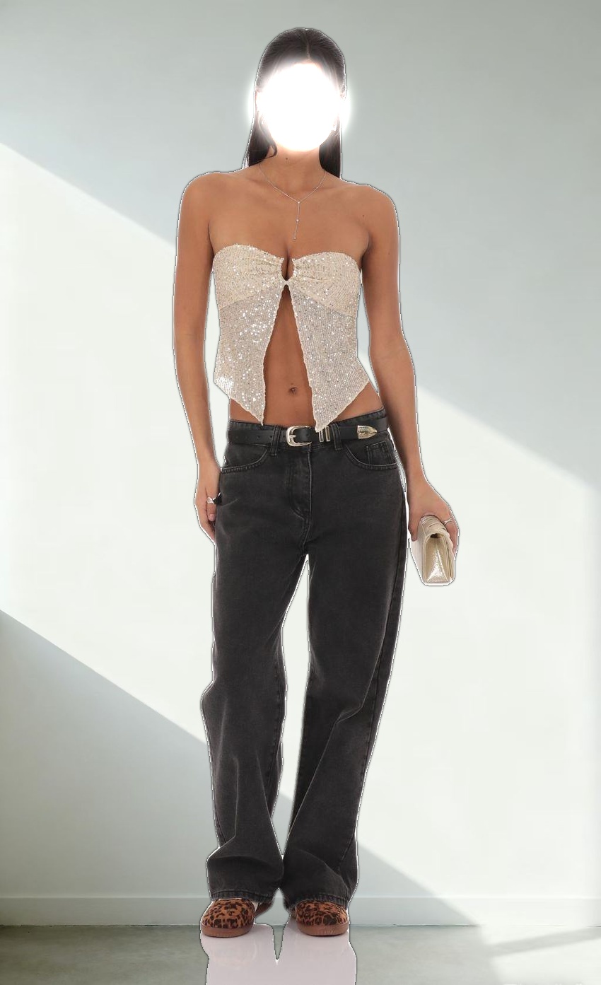 Sequin Strapless Fly Away Top in Champagne