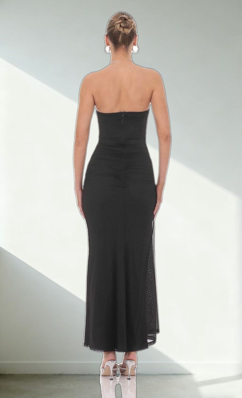 Mesh Strapless Corset Maxi Dress in Black