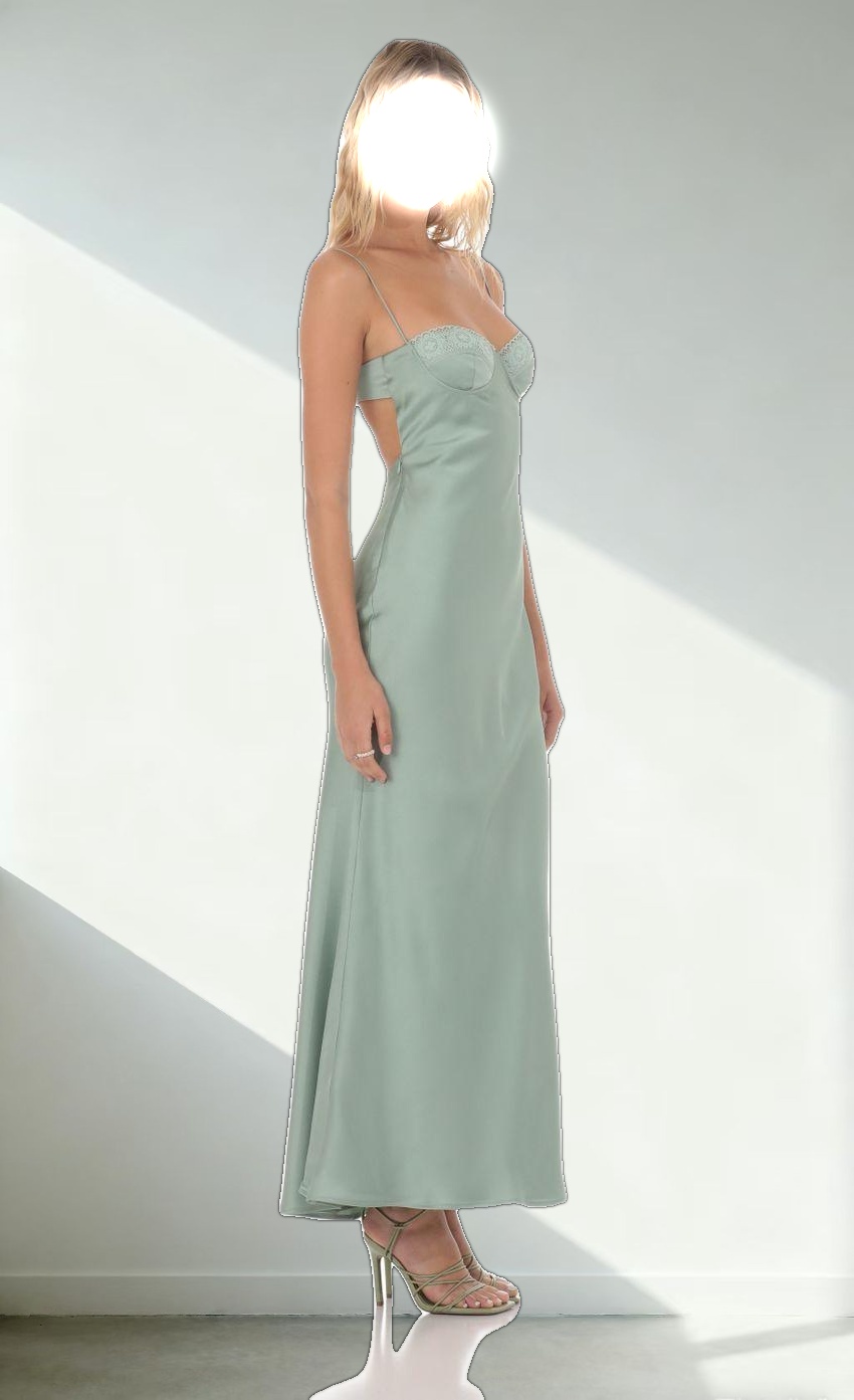Satin Sweetheart Neck Maxi Dress in Sage Green