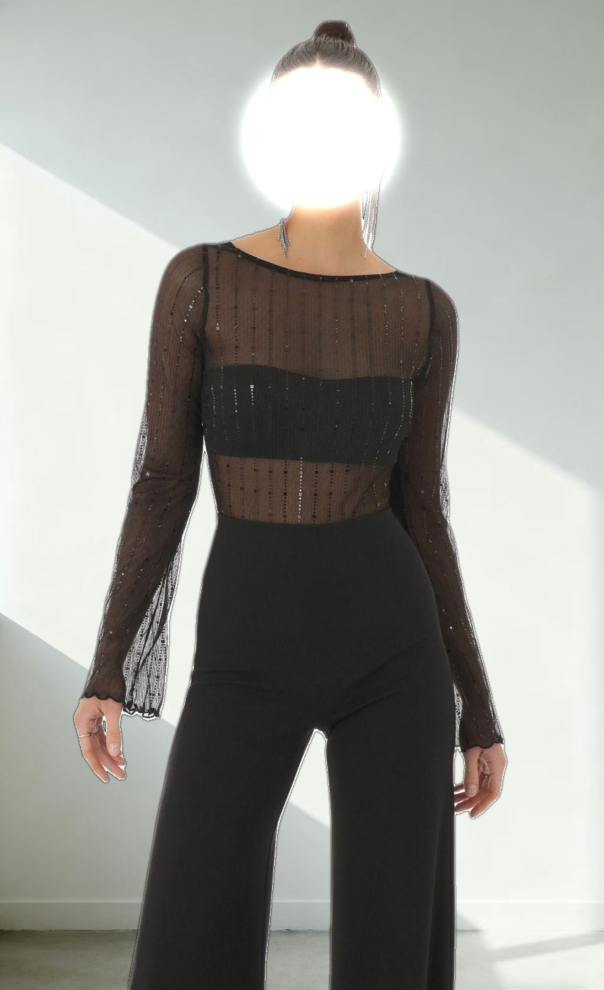 Sequin Striped Long Sleeve Jumpsuit in Black