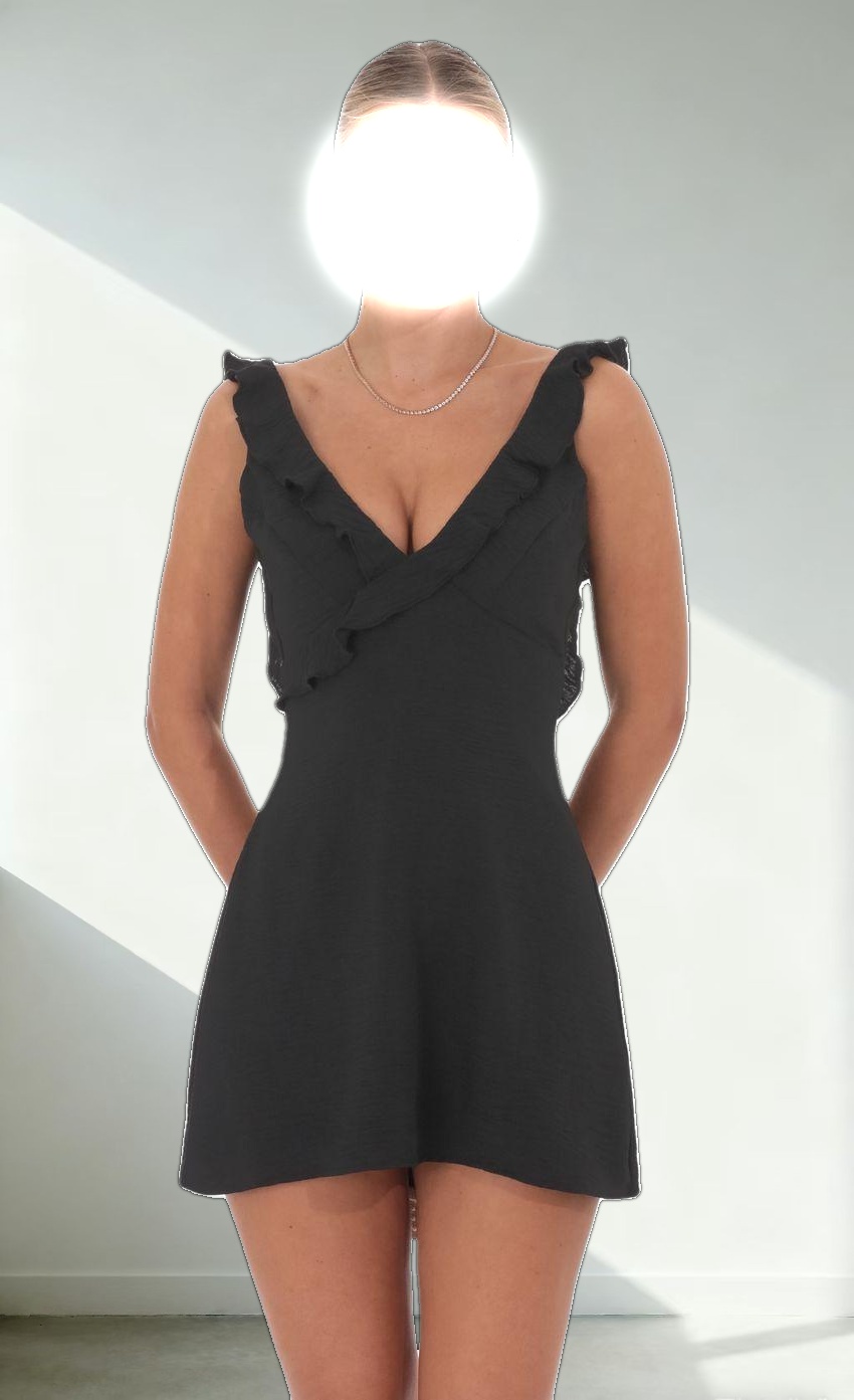 Ruffle V-Neck Dress in Black