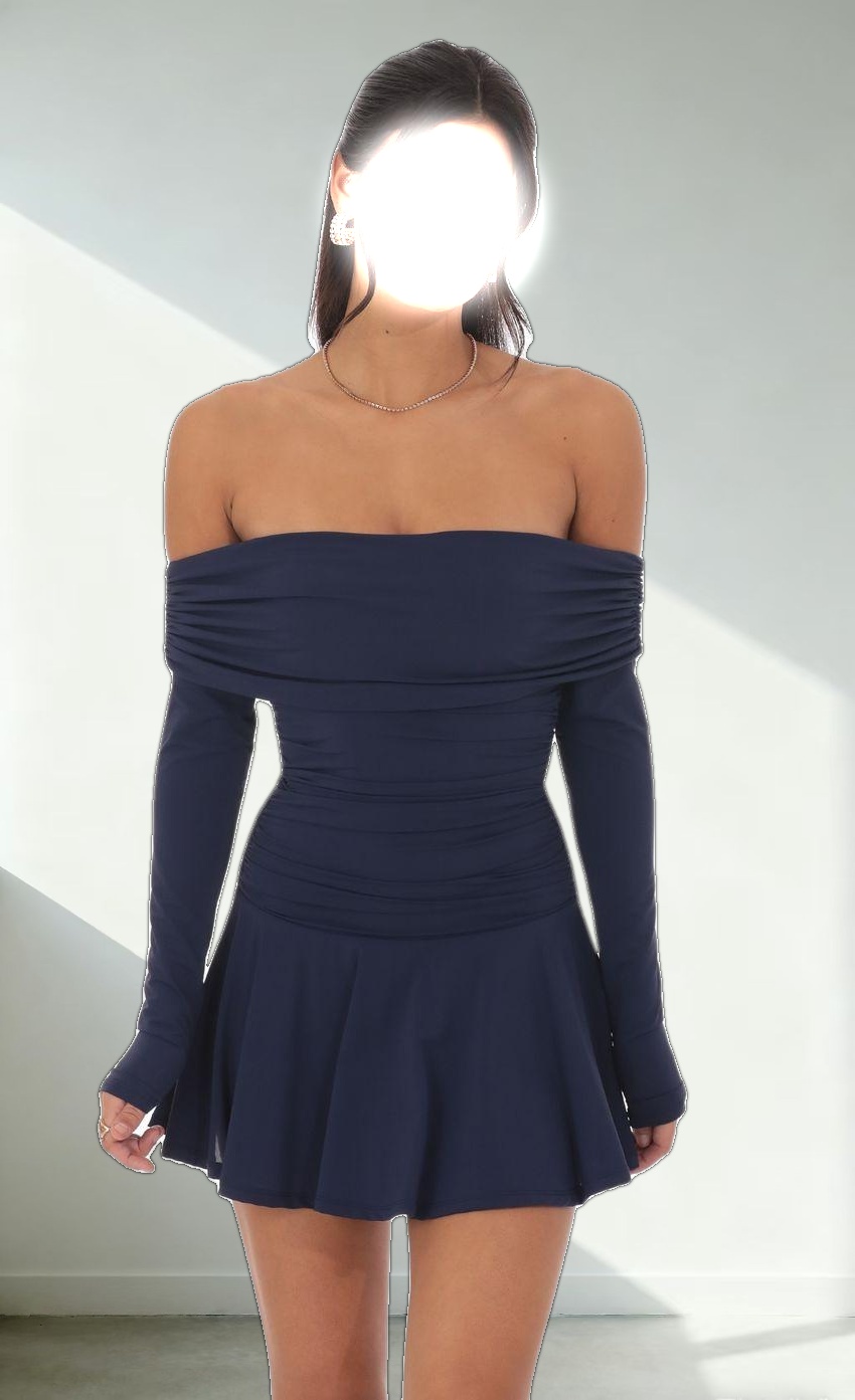 Off Shoulder Ruched Flare Dress in Navy