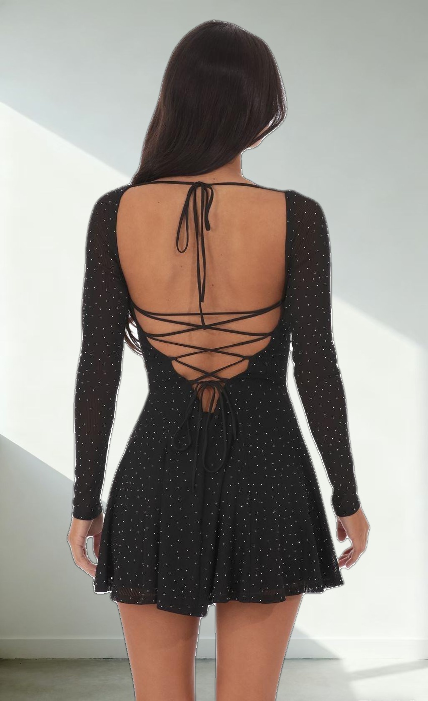 Rhinestone Draped Fit and Flare Dress in Black