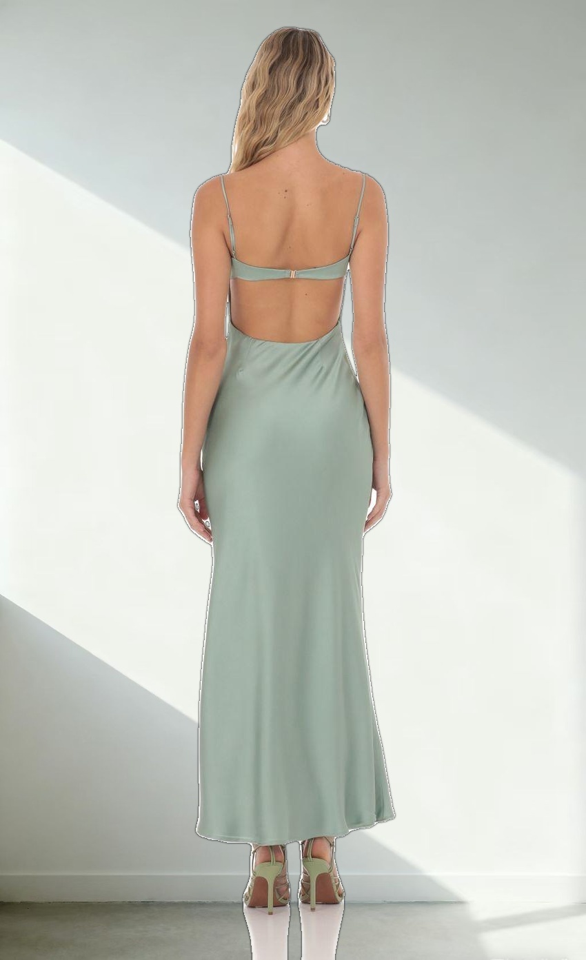 Satin Sweetheart Neck Maxi Dress in Sage Green