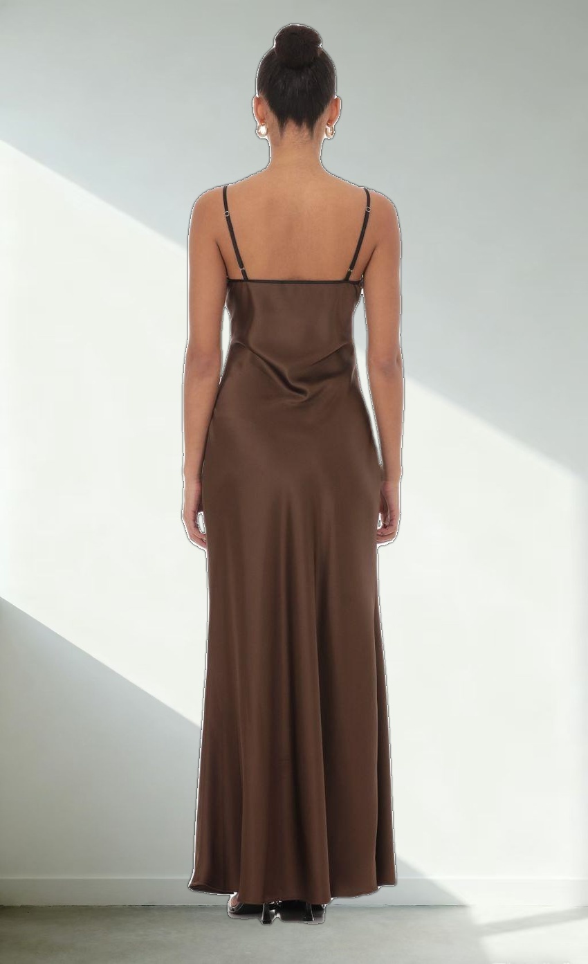 Satin Shift Maxi Dress in Brown
