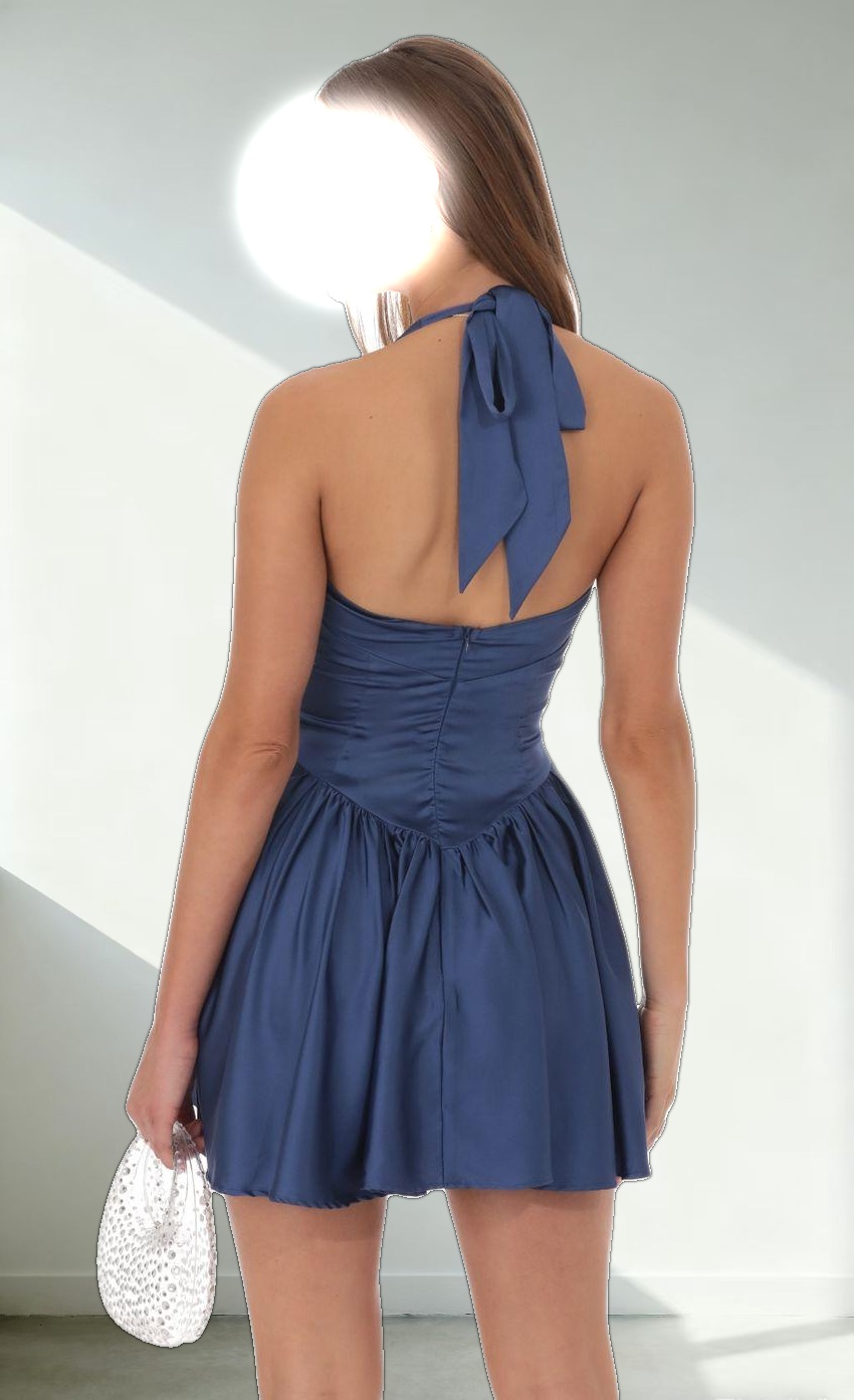 Satin Halter A-line Dress in Slate Blue